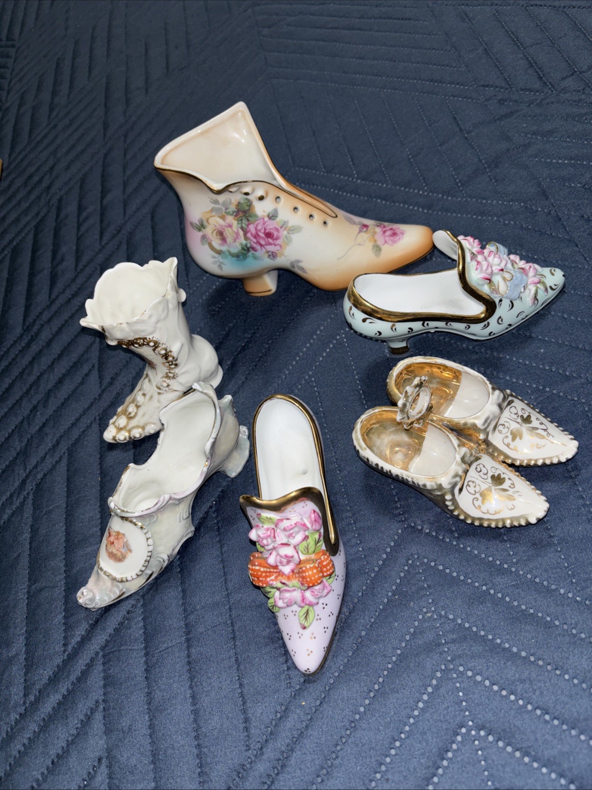 Collection Of 6 Vintage Porcelain Decorative Shoes Late 19th/early 20th Century