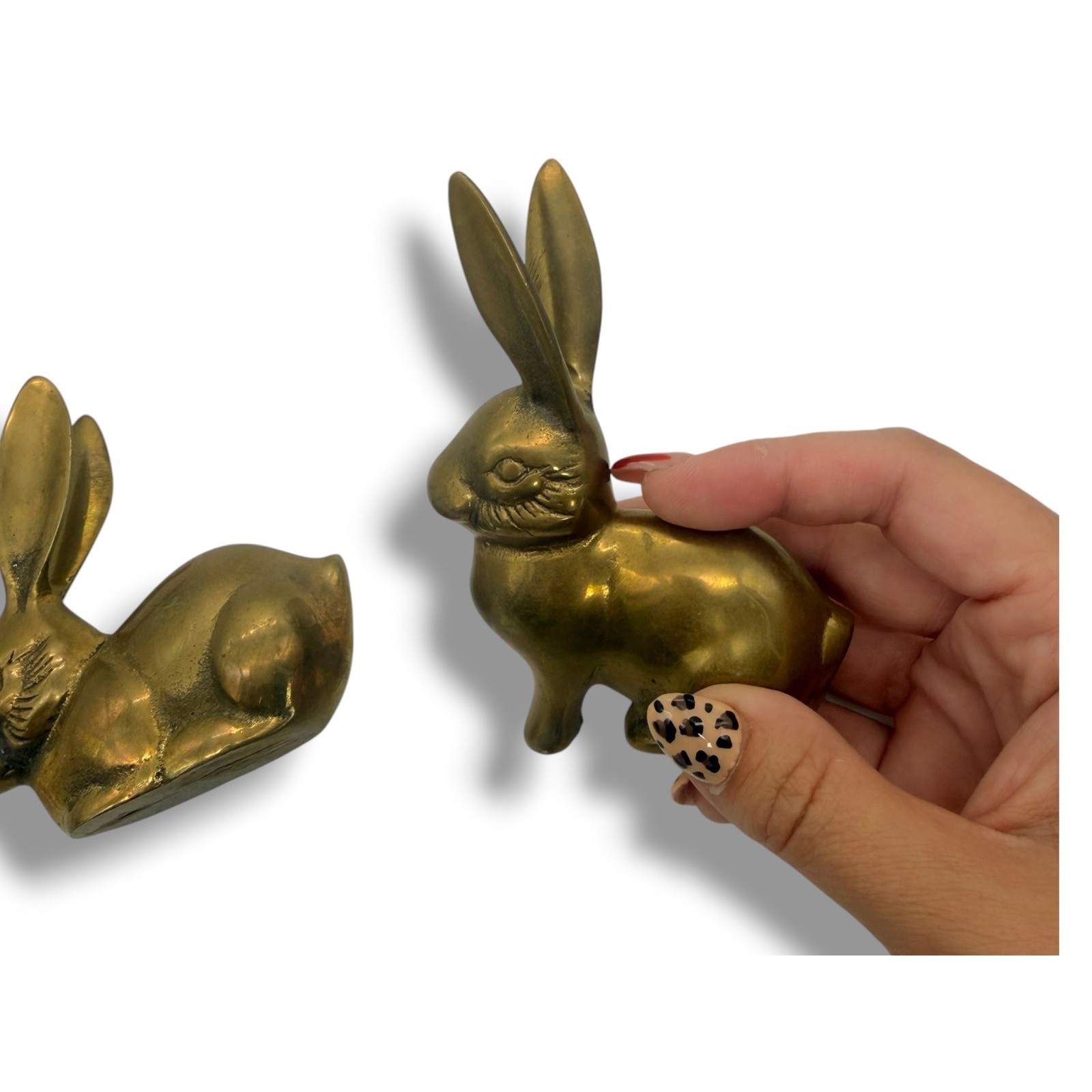 Vintage Brass Rabbit Figurines Pair Mid Century Bunny Decor Cottage Woodland