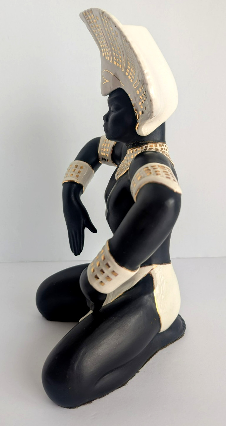 Vintage MCM Nubian Dancer Ceramic Figurines Pair Black Gold Man Repaired 12.5in