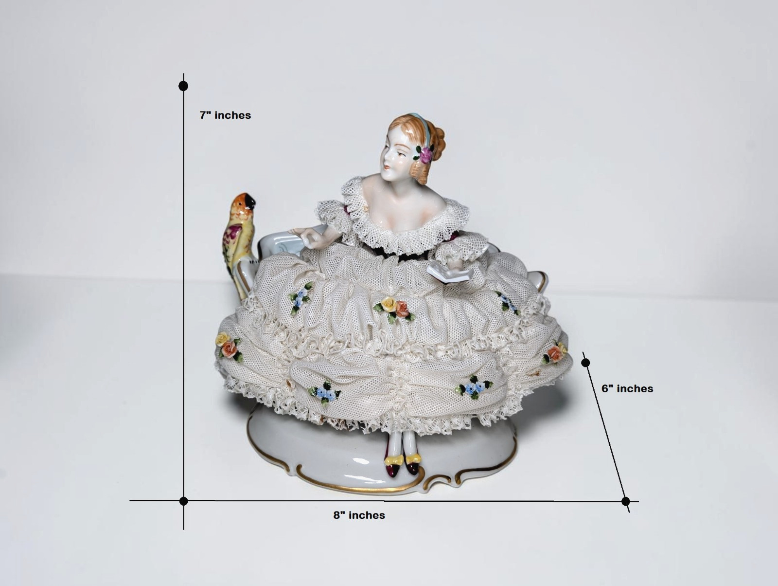 Unterweissbach Dresden Lace Porcelain Figurine Lady & Parrot Made in GDR German