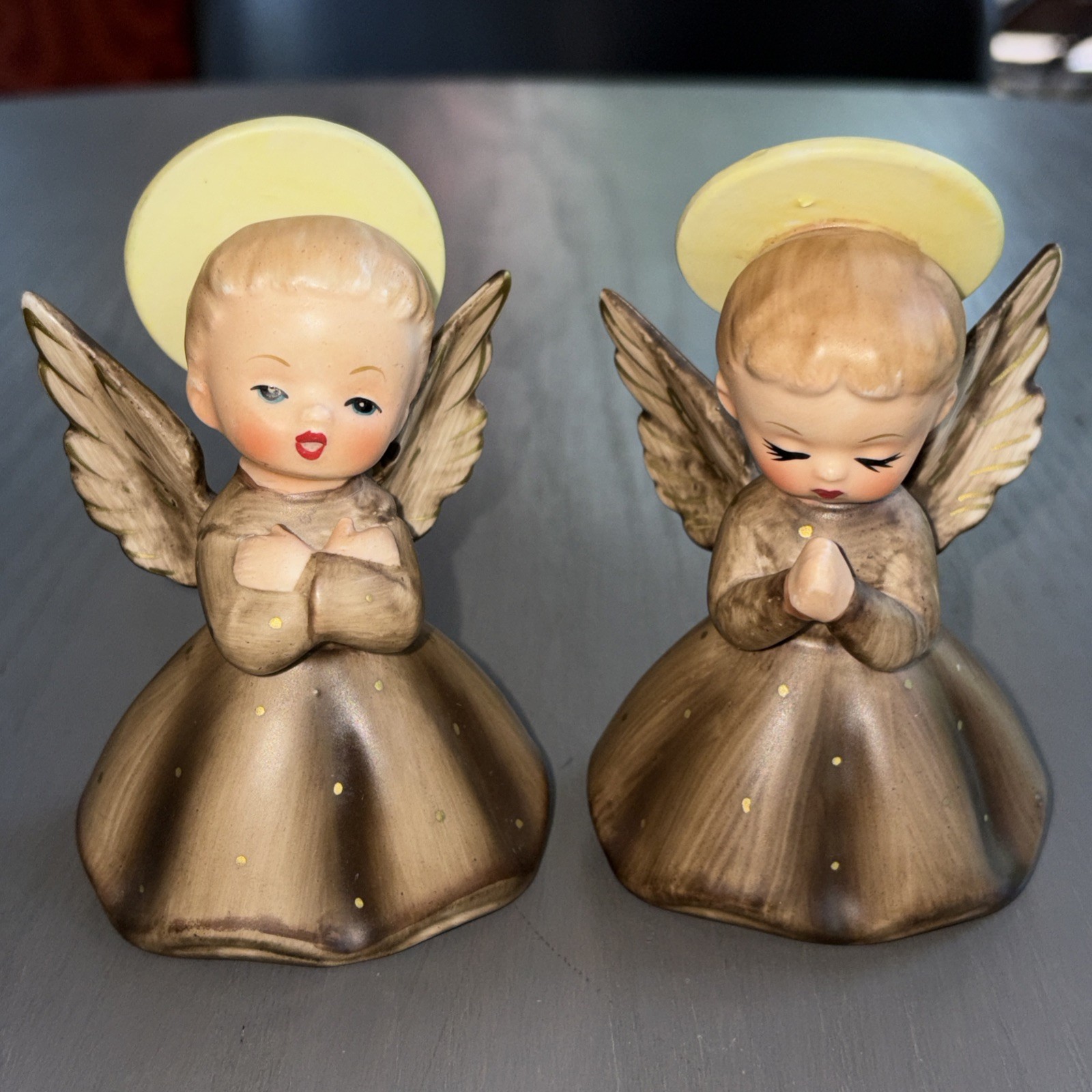 VINTAGE MCM 1950s Napcoware Ceramic Brown & Gold Angel Figurines – Set of 2