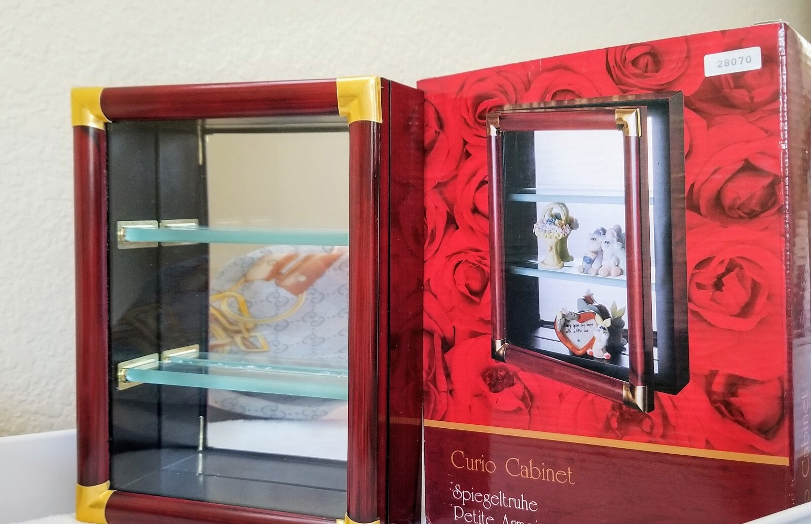 Wood Brass Mirror Cherry Glass Miniature Display Curio Cabinet 6”x 8”x 2 1/4”