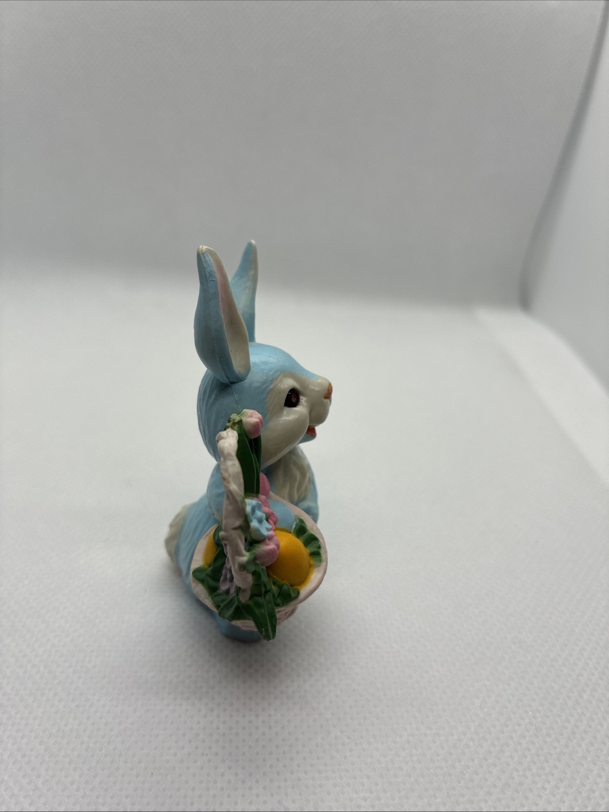 Vintage Blue Easter Bunny Figurine Basket Eggs Flowers Spring Rabbit Decor