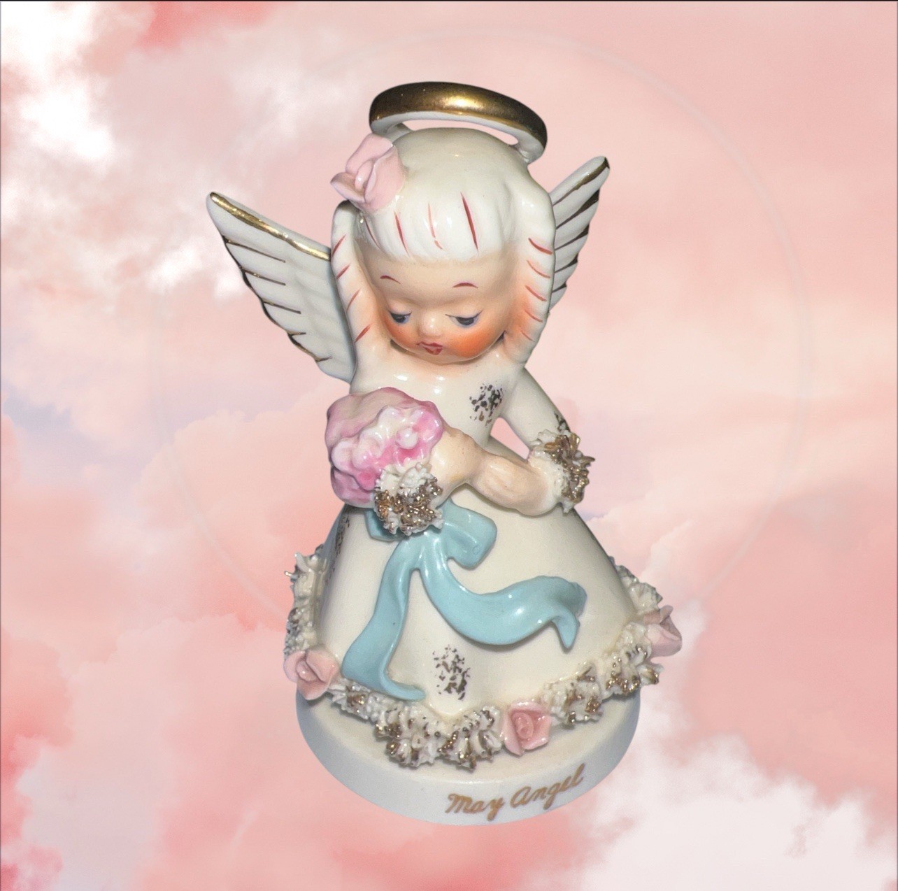 Vintage 1950’s Napco May Birthday Angel Figurine Spaghetti Trim A405N