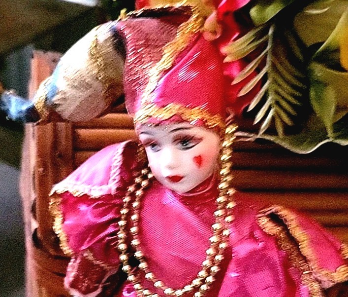 Porcelain Jester Harlequin Doll Burgundy Gold metallic Mardi Gras Clown Vintage