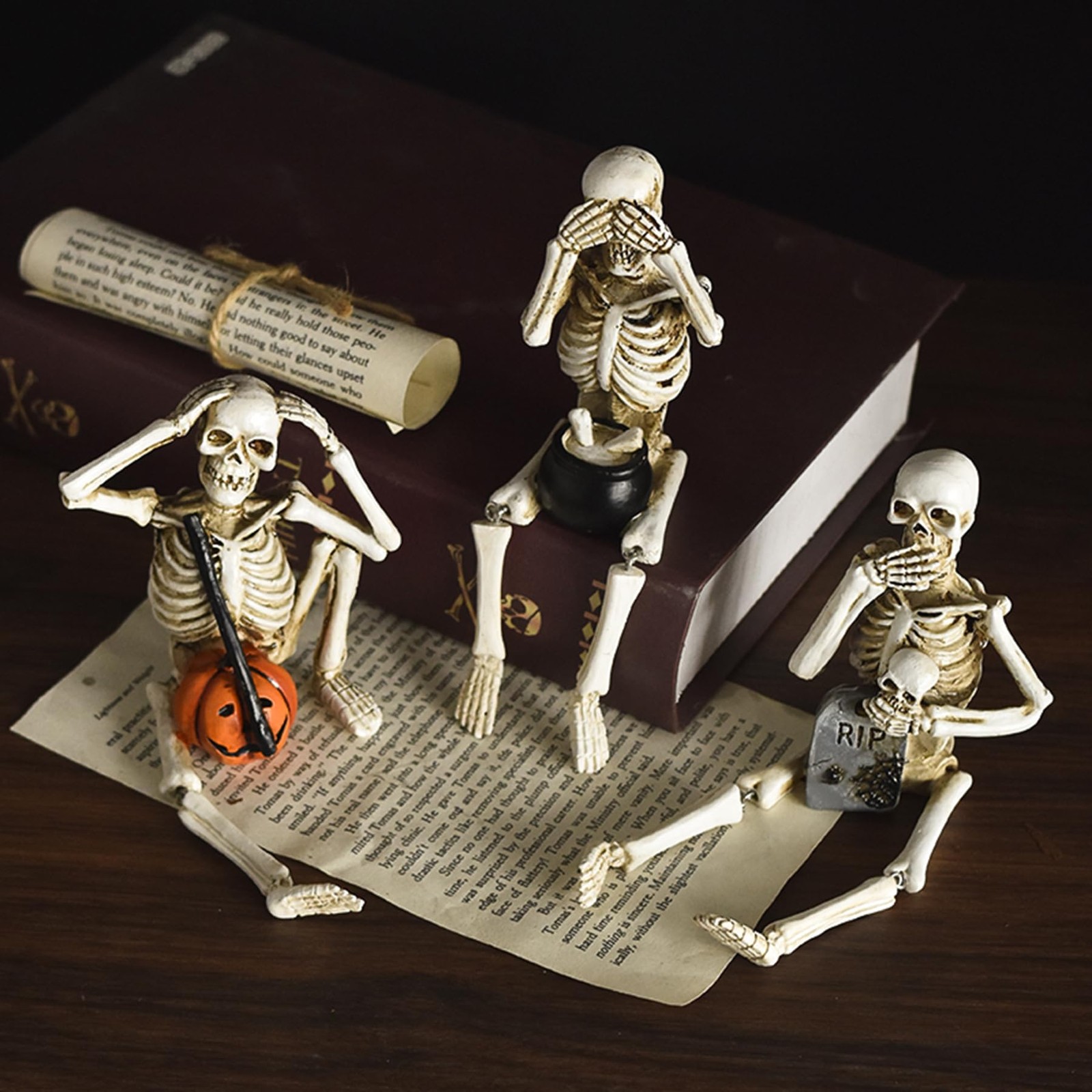 Set of 3 Skeleton Statues, Horror Skull Halloween Resin Decor, See/Hear/Speak…