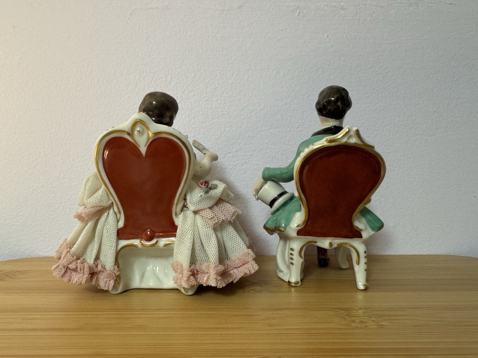 Antique German Dresden Porcelain Lace Couple Small Sizes Figurines Set Of 2