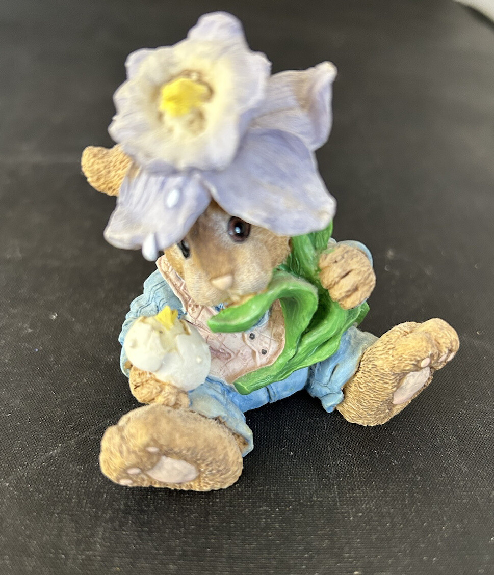 Dept 56 Boy Bunny Rabbit in Jeans Spring Purple Flower 2.5 In
