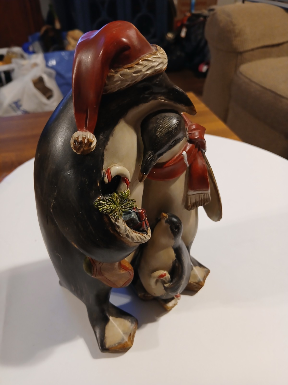 Christmas Penguin Family Of 3 Figurine; Dad Mom Son Daughter Santa hats