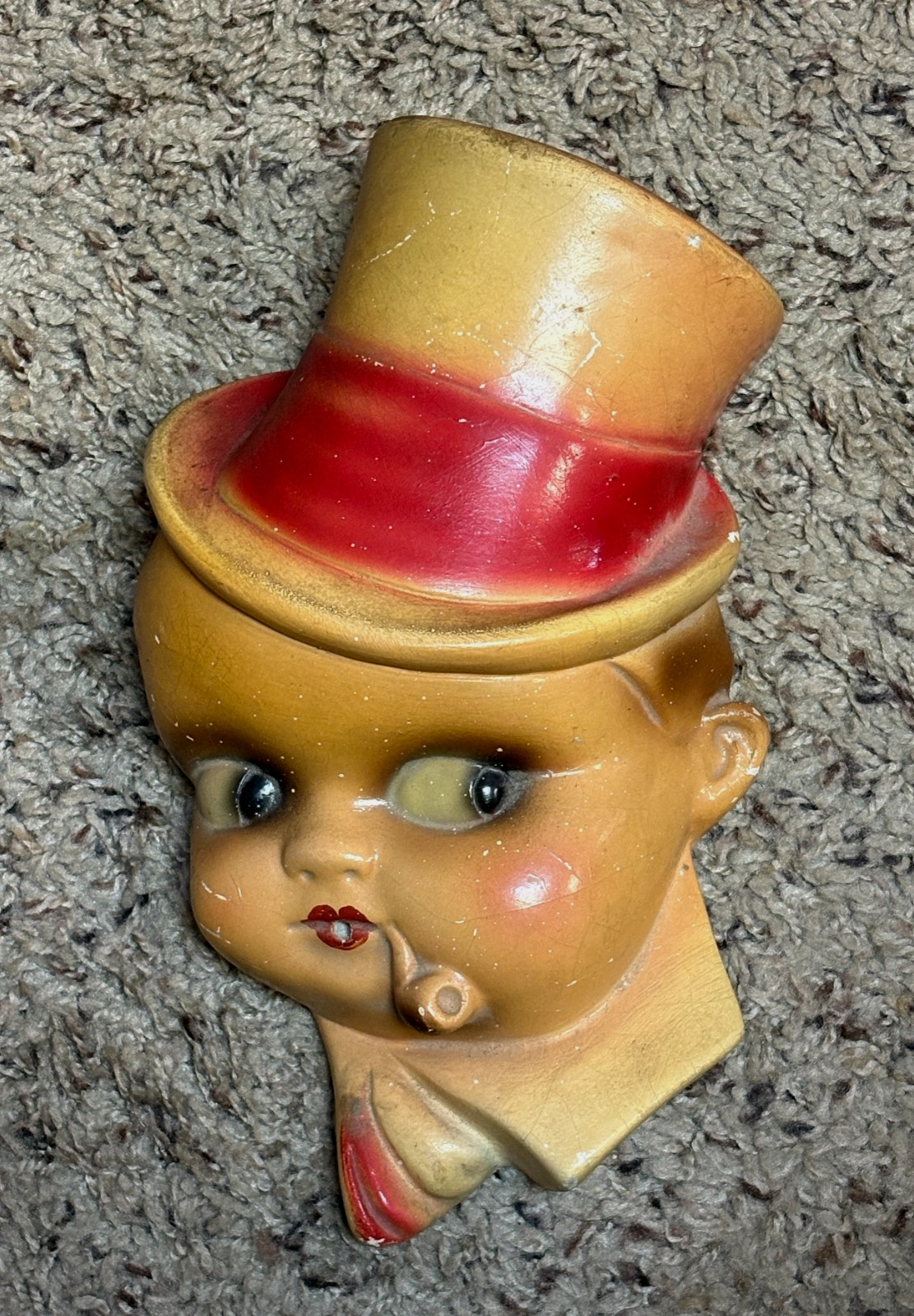 VTG Top Hat Boy w/Pipe Hand Painted String Holder Wall Plaque Chalkware