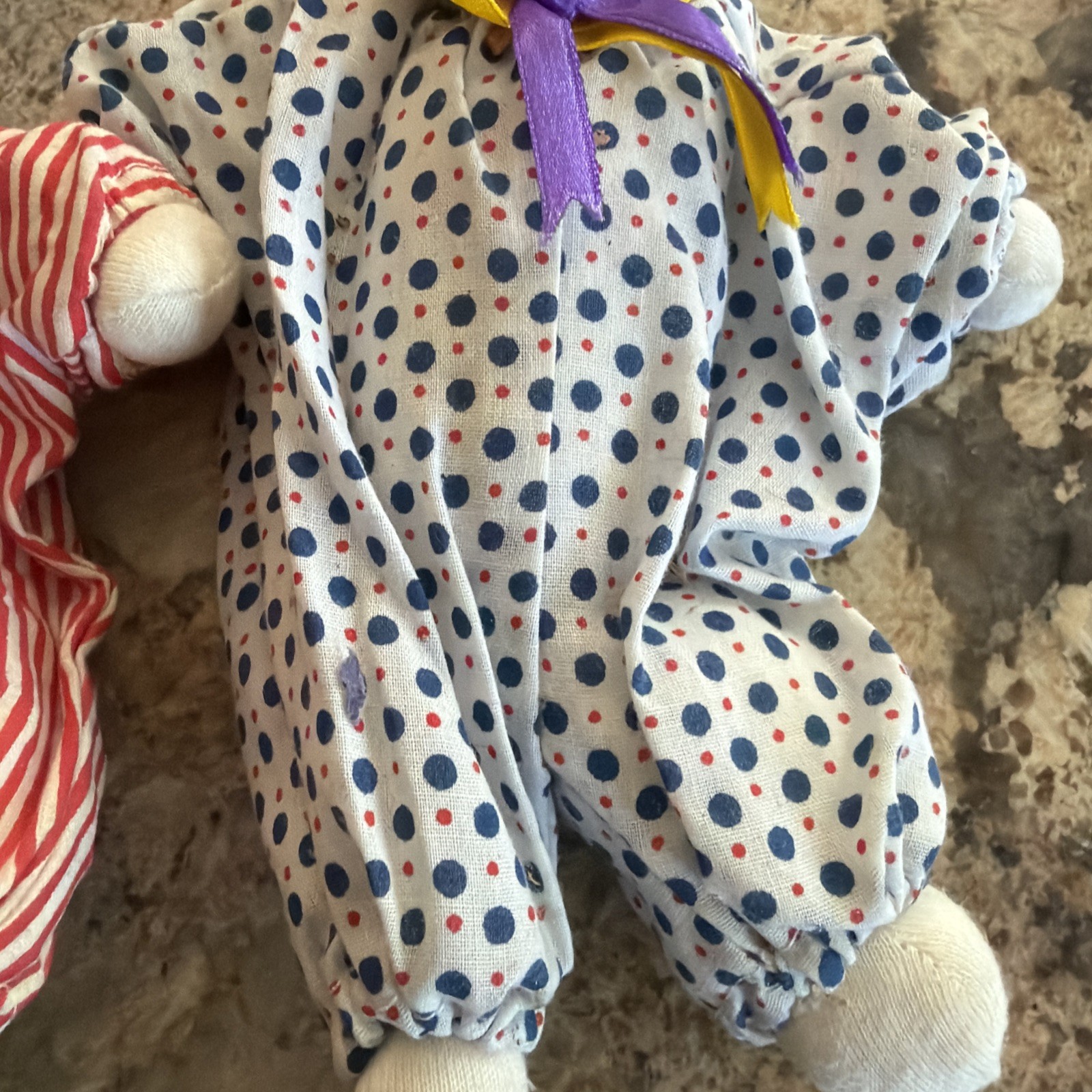 2 VTG Polka/Stripe Porcelain Head Clown Doll, Sand Body – 1 Eye Paint Missing.