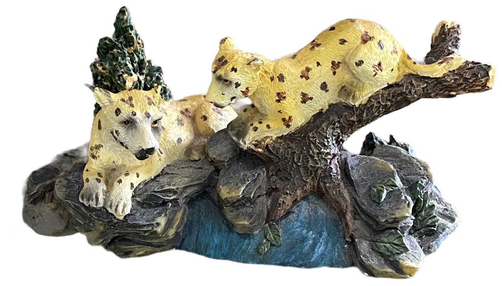 Vintage Two Cheetahs On A Tree/Rocks Figurine Resin Figures 5″