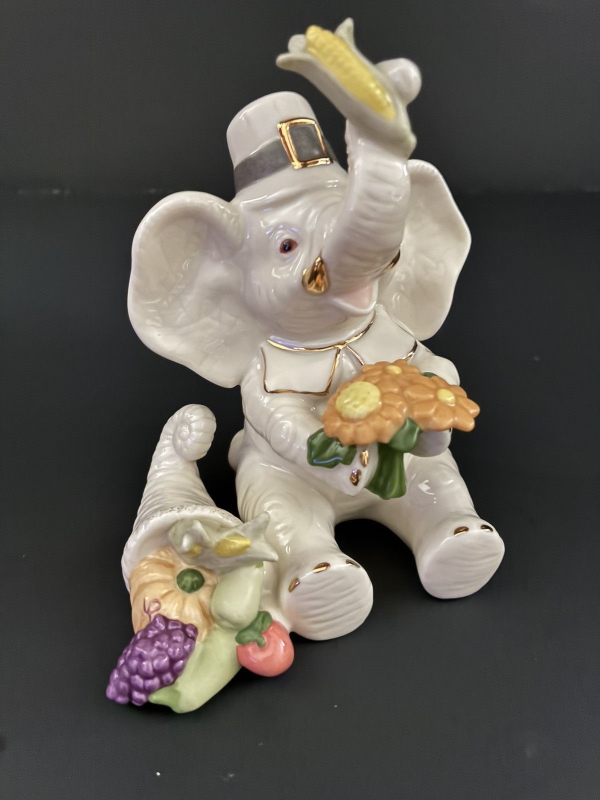 New LENOX Pachyderm Pilgrim Elephant Cornucopia Thanksgiving Feast Retired Vtg