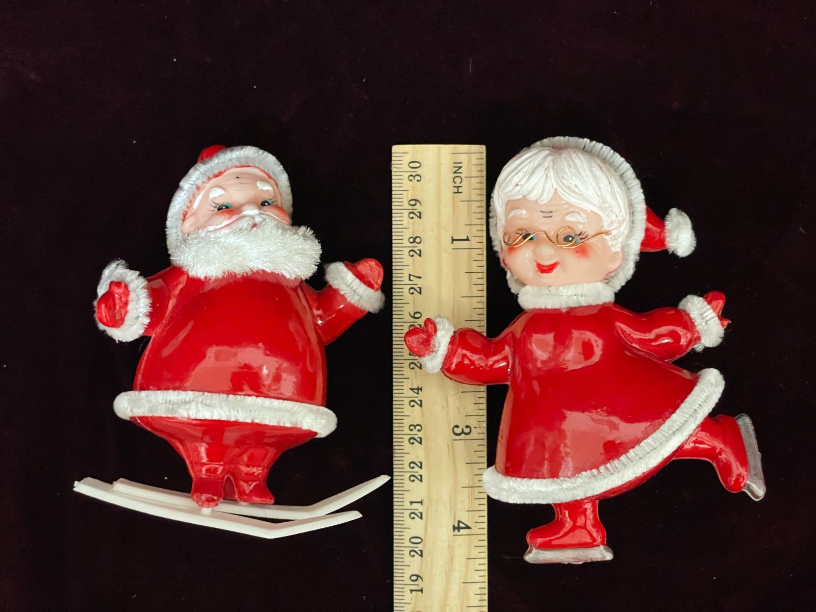 Vtg Snow Skiing Santa and Ice Skating Mrs Claus Plastic Japan Ornaments MCM