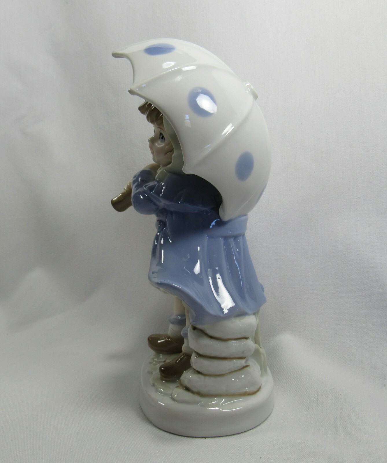 VINTAGE KPM Figurine Girl with Open Blue Polka Dot Umbrella 7” 7/8” High