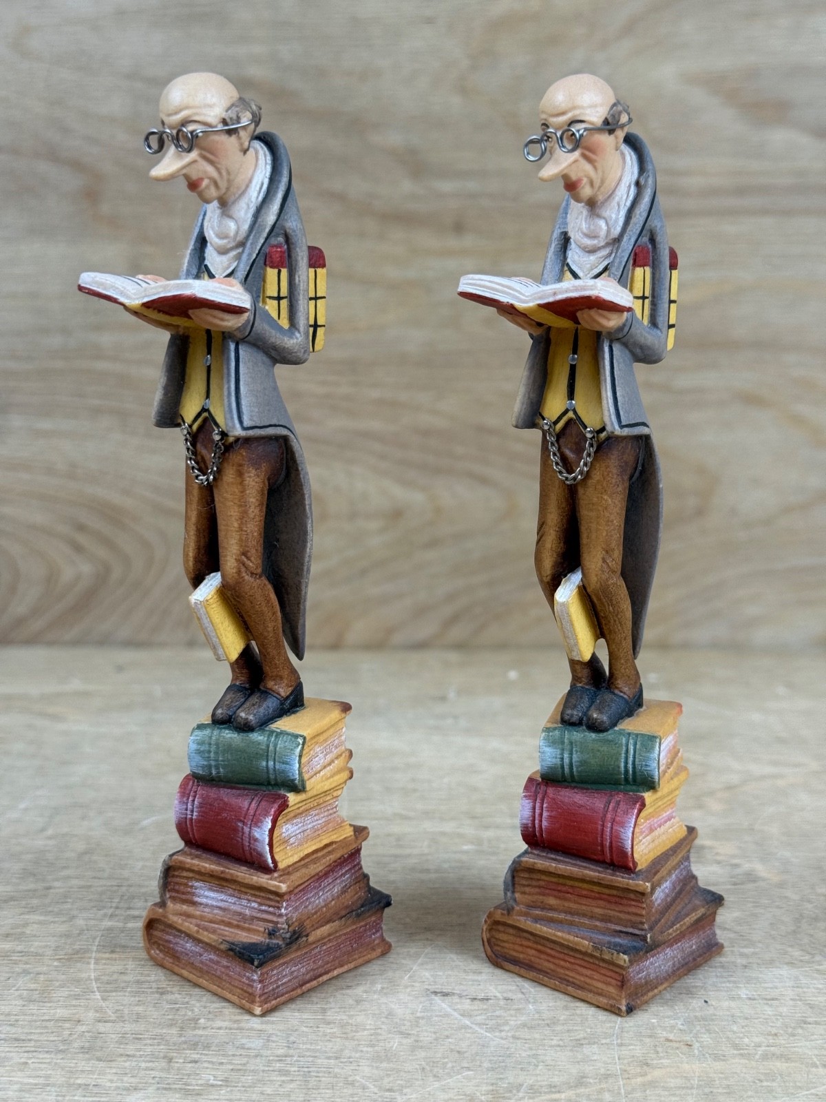 Pair Original Lepi Woodcarving Reader Sculpture Book Man Prinoth Leo Italy 6″