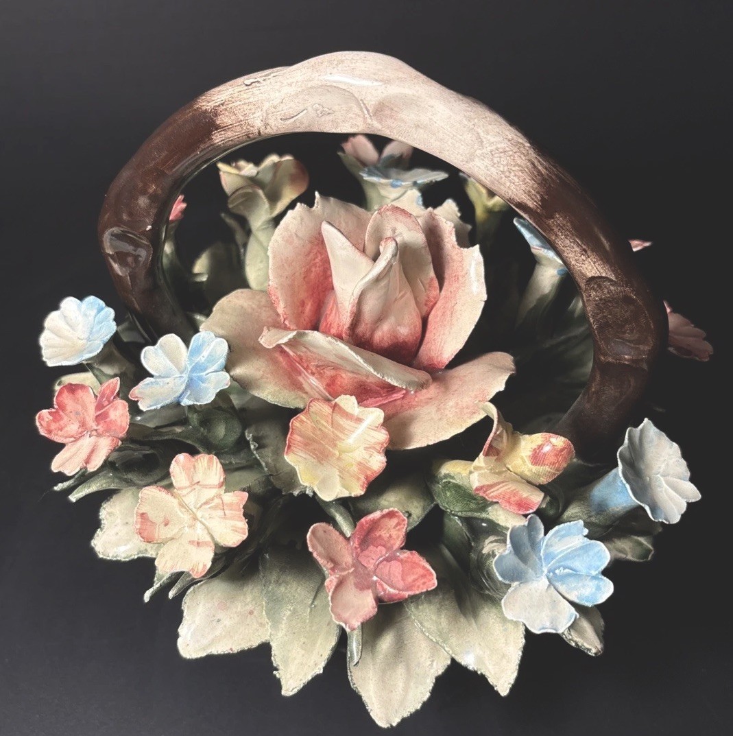 Vintage Capodimonte Italy Porcelain Flower Basket Centerpiece 7” Hand Made