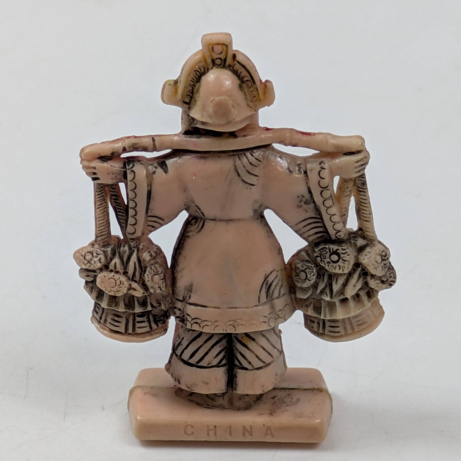 Vintage Carved Figurine Asian Woman with Baskets Red Wash Stamped China 2 Inch