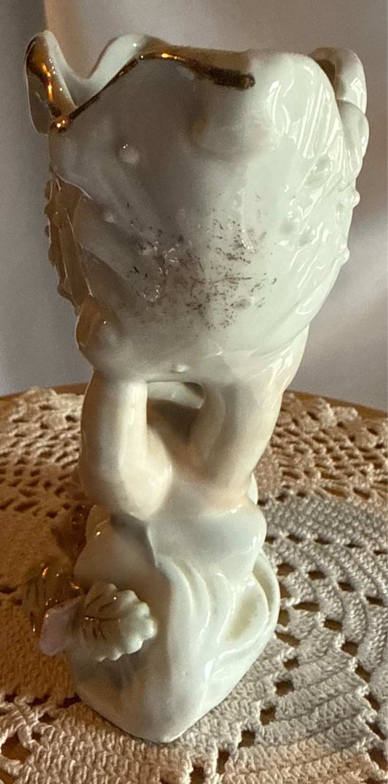 Vintage Occupied Japan Bisque Angel/Cherub Shell Planter roses gold painted