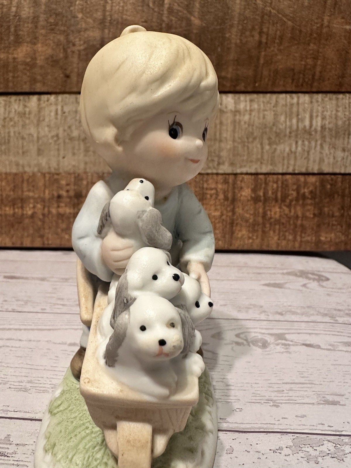 Homco Figurines Girl with Kittens & Boy with Puppies In Wagon #1402