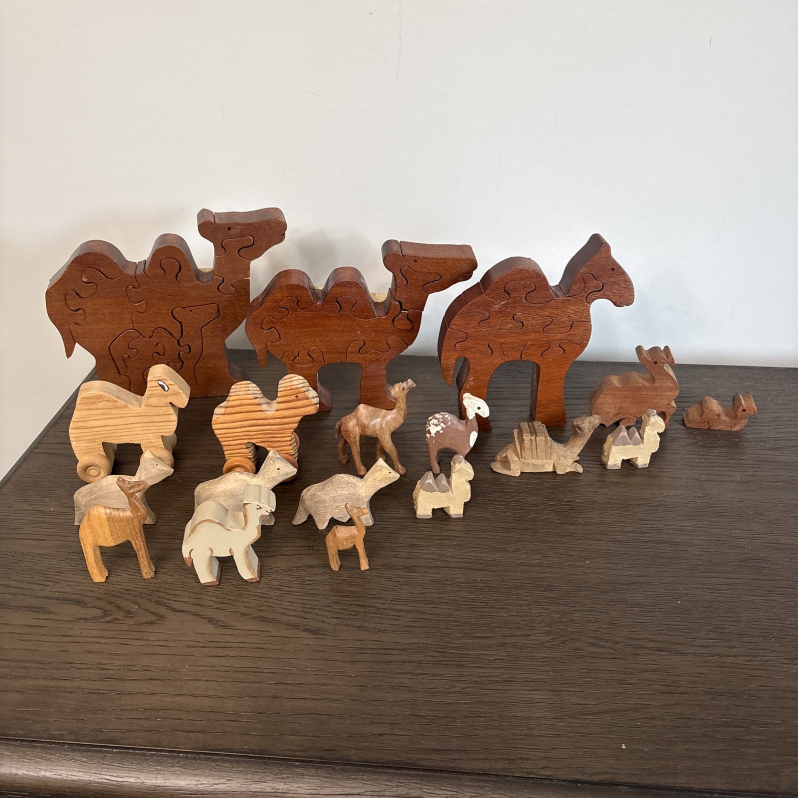 Vintage Handcrafted Wooden Camel Figurine And Puzzle Lot 18 Pc Collectible Set