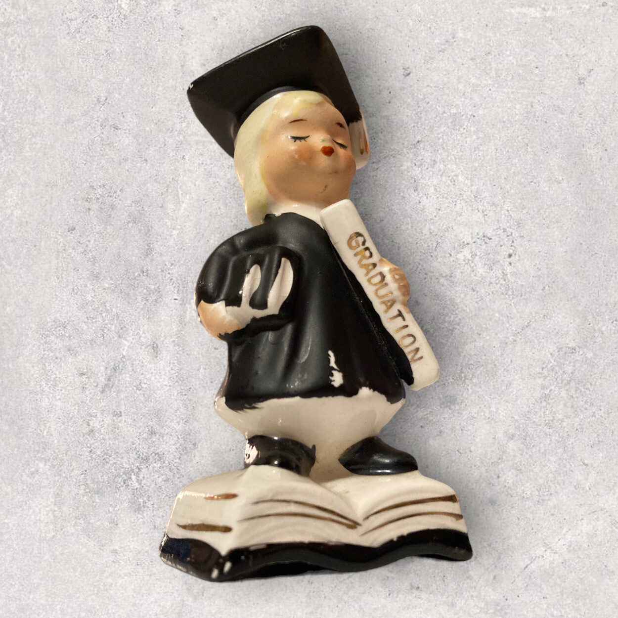 Vintage Graduate Figurine Blonde Girl Japan Diploma Cake Topper 4” Paint Loss