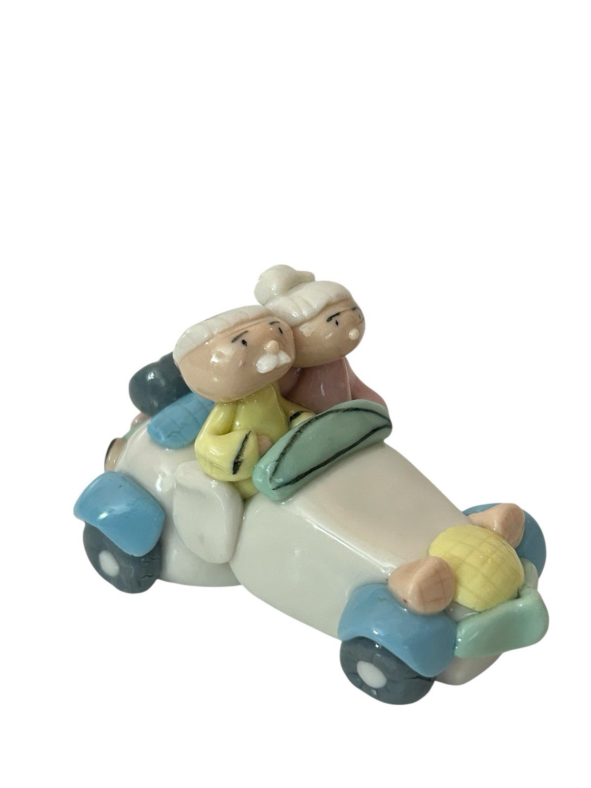 Vintage Porcelain Grandparents Convertible Car Figurine 3″ Old Couple Road Trip