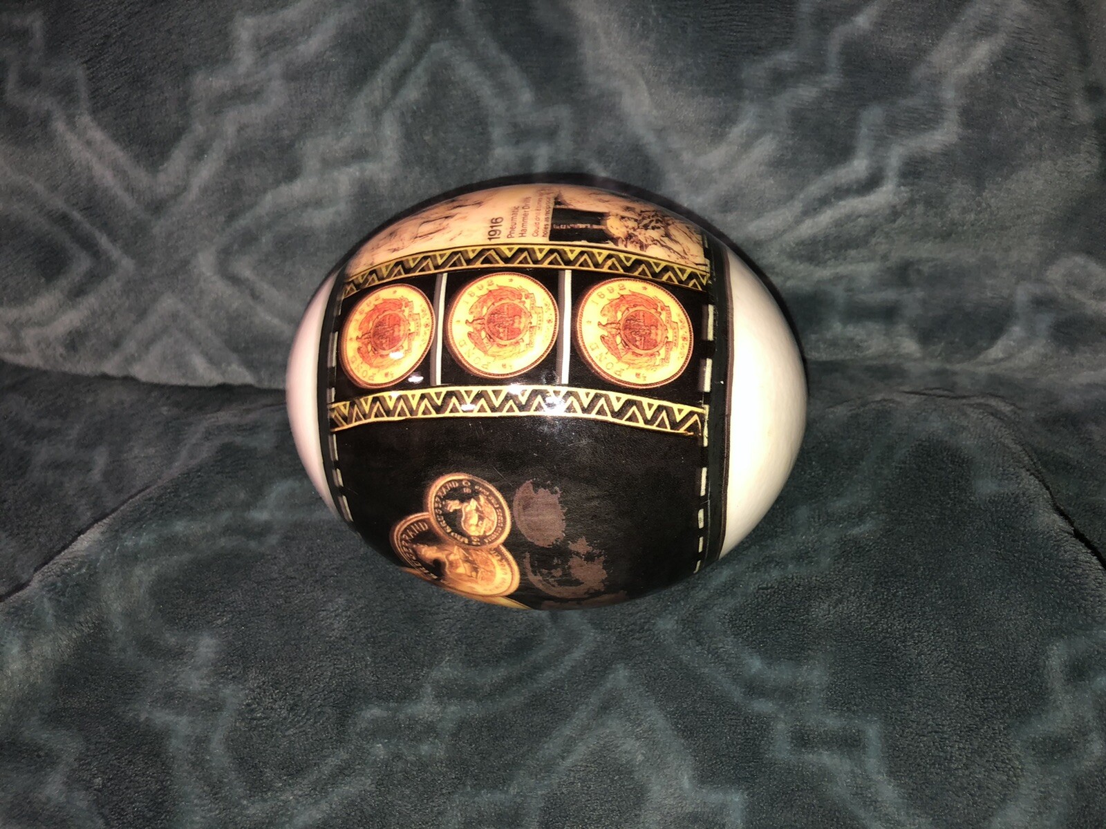 Ostrich Egg Decoupage? Gold Coins Drilling Art Decor Large Excellent! Blown