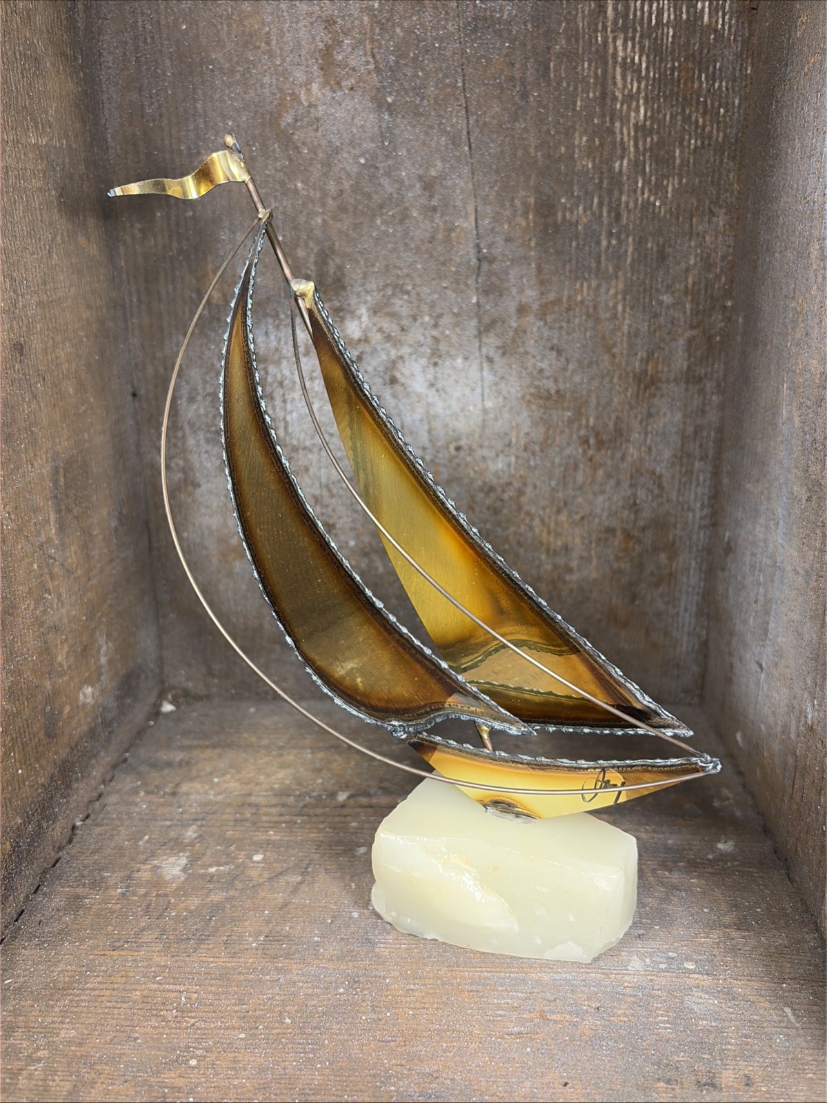 Mario Jason MCM Brutalist Brass Copper & Onyx Sailboat Sculpture Signed Base HBB
