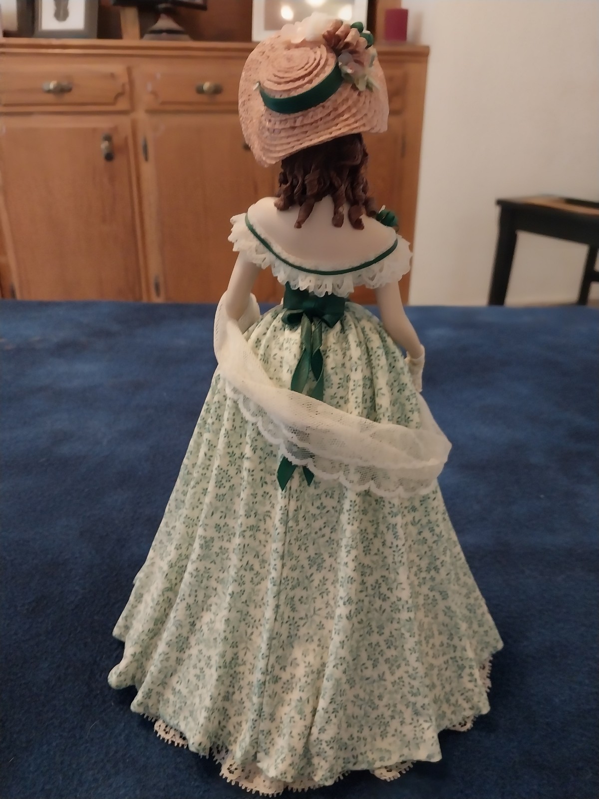 Signed Sylvia Porcelain Figurine Hand Painted Victorian Lady Green Floral Dress