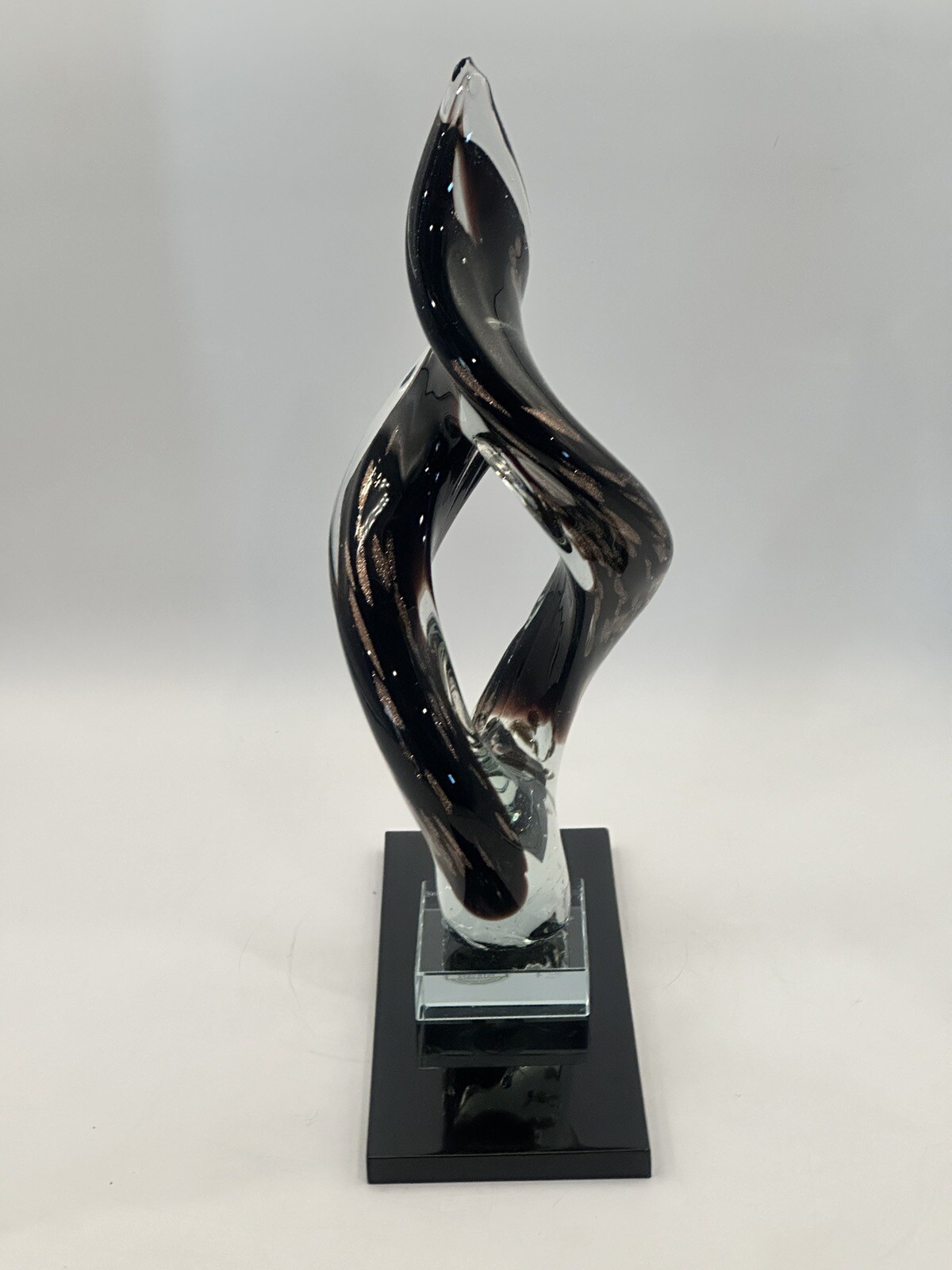 Burgundy Cased Glass Art Sculpture On Glass Base With Wooden Platform
