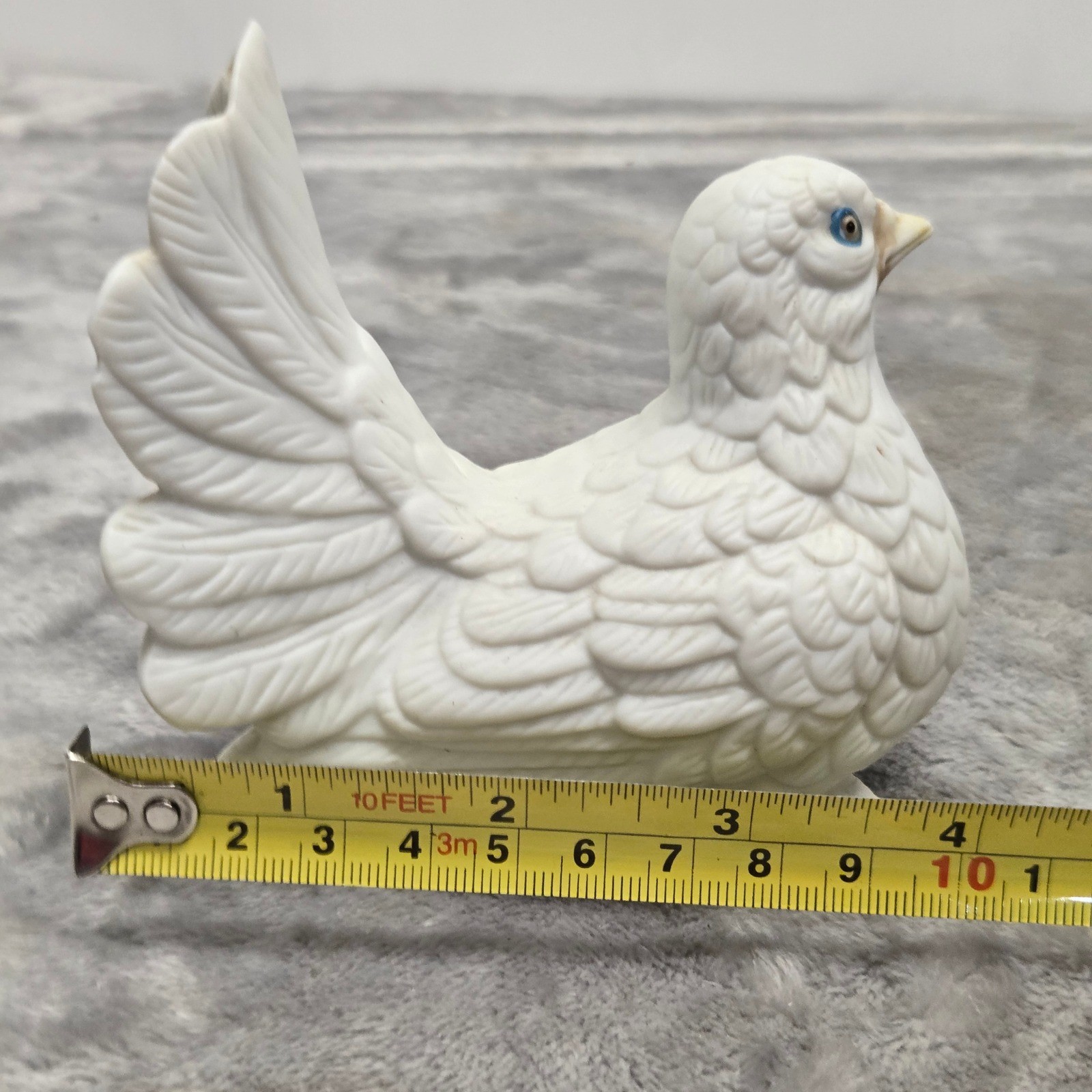 Vintage White Porcelain Fantail Pigeon Dove Figurine Bisque Bird Blue Eyes 4″