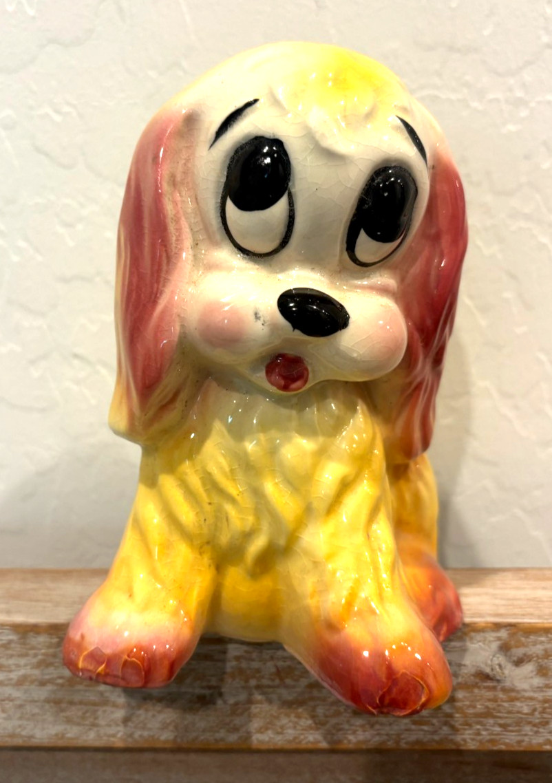 Vintage! Cute! Yellow Cocker Spaniel Puppy Dog W/Big Eyes Planter Ceramic Figure