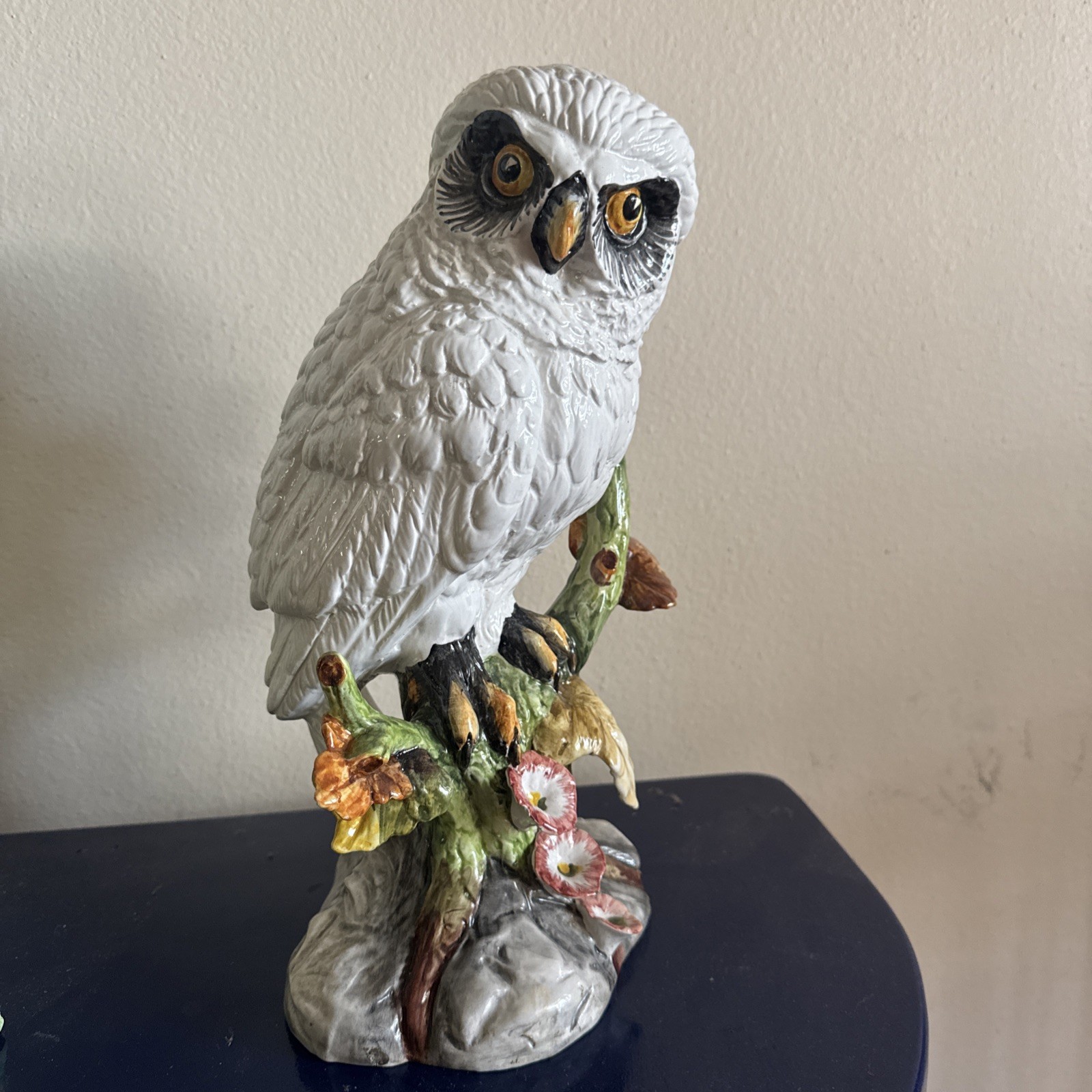 Large Vintage Italian Ceramic Snowy Owl Figurine Made in Italy 4126B 3D florals