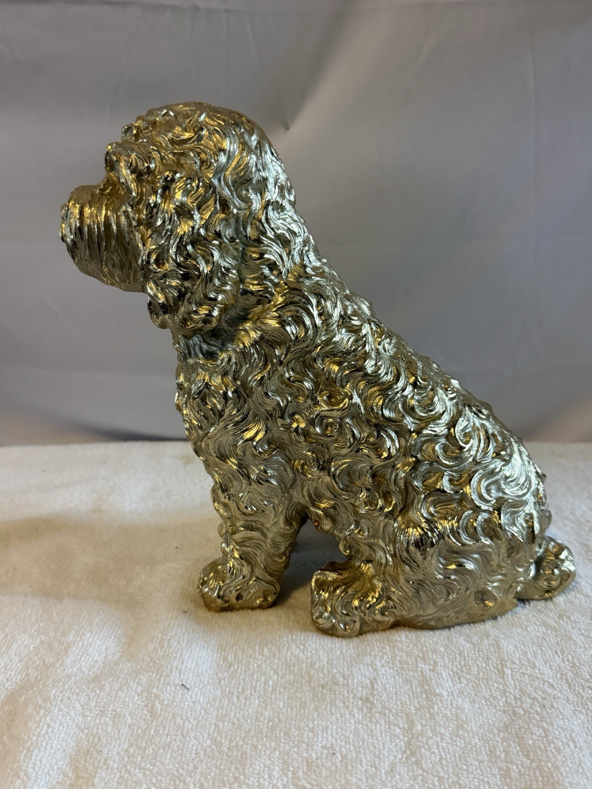 Gold Metallic Sitting Dog Figurine Sculpture 3D Effect 10″ Long