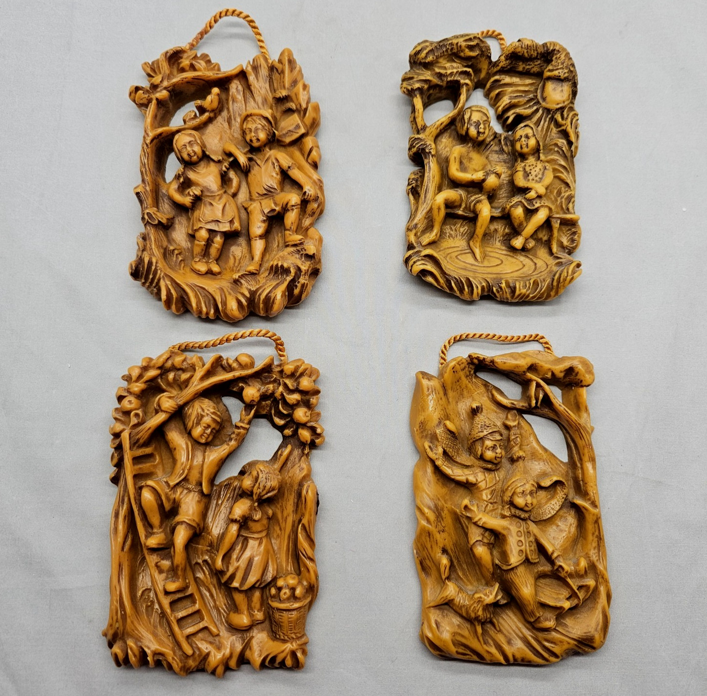4 Vtg German Wax Relief Wall Decoration Boy & Girl Portraying Four Seasons Brown