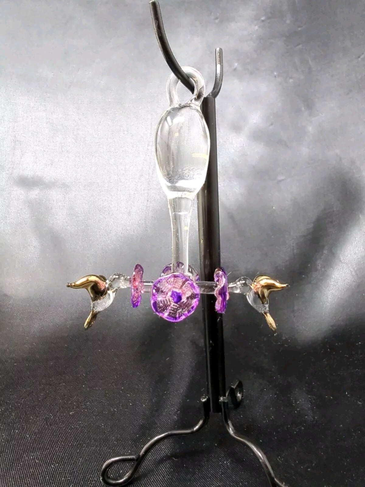 Mini Clear Glass Hanging Hummingbird Feeder Figurine Purple Flowers Gold Birds