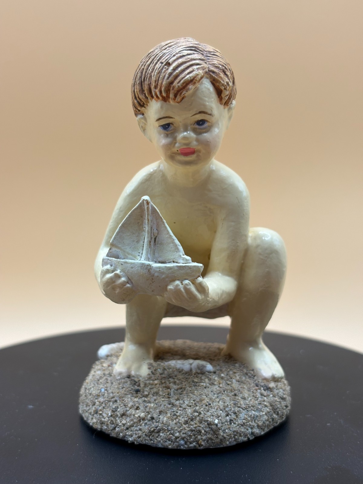 Vintage Hand Painted Ceramic Boy with Sailboat Figurine Sandy Beach Base Coastal