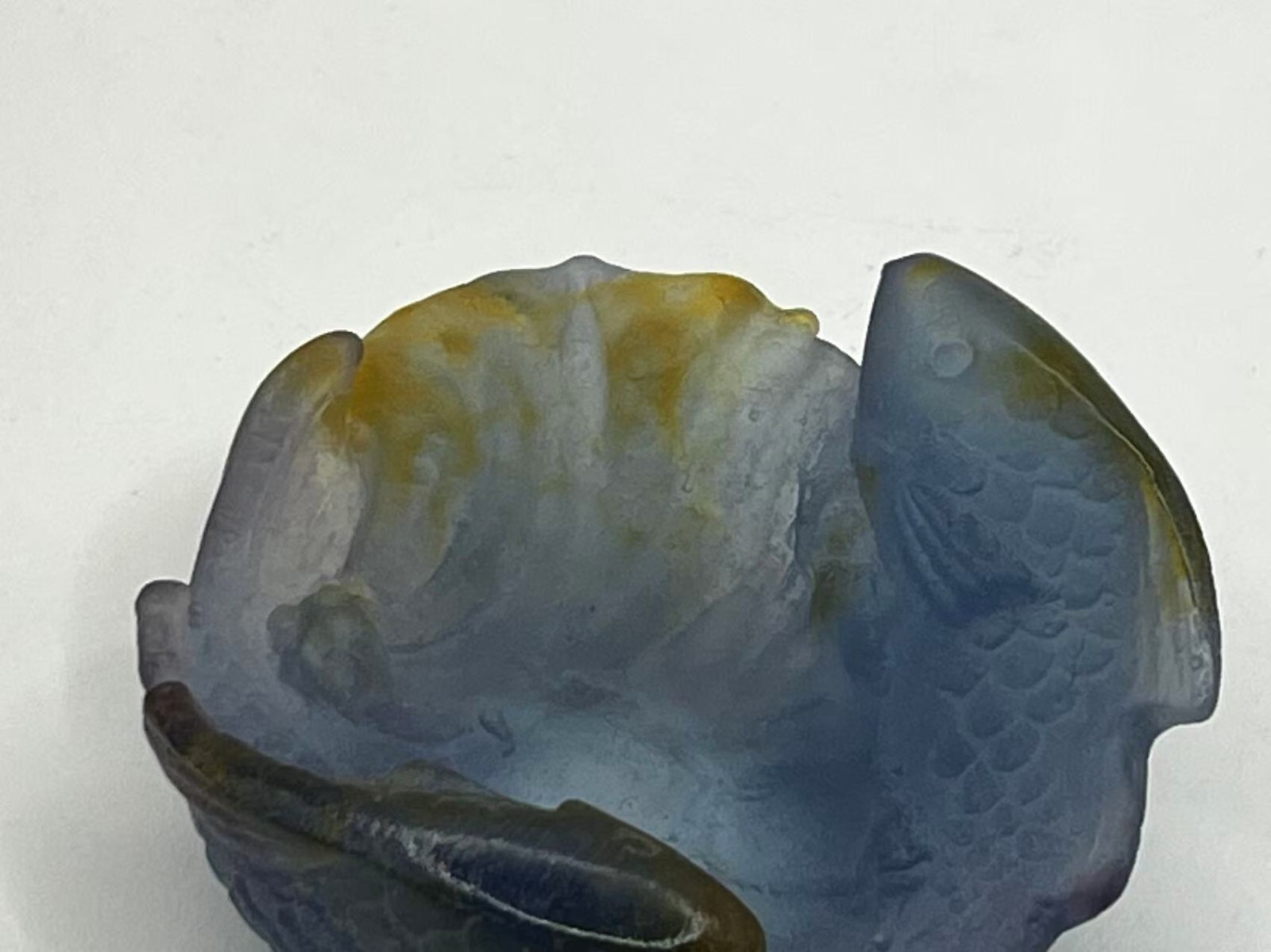 Daum France Pate de Verre Art Glass Small Fish Bowl / Pisces Gift w/ Wooden Box