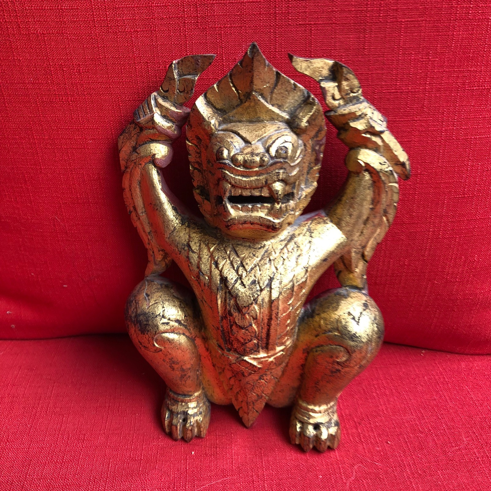 Antique Thailand Hand Carved Wooden Gold W/Red “Garuda” Wall Figure 10x6x2