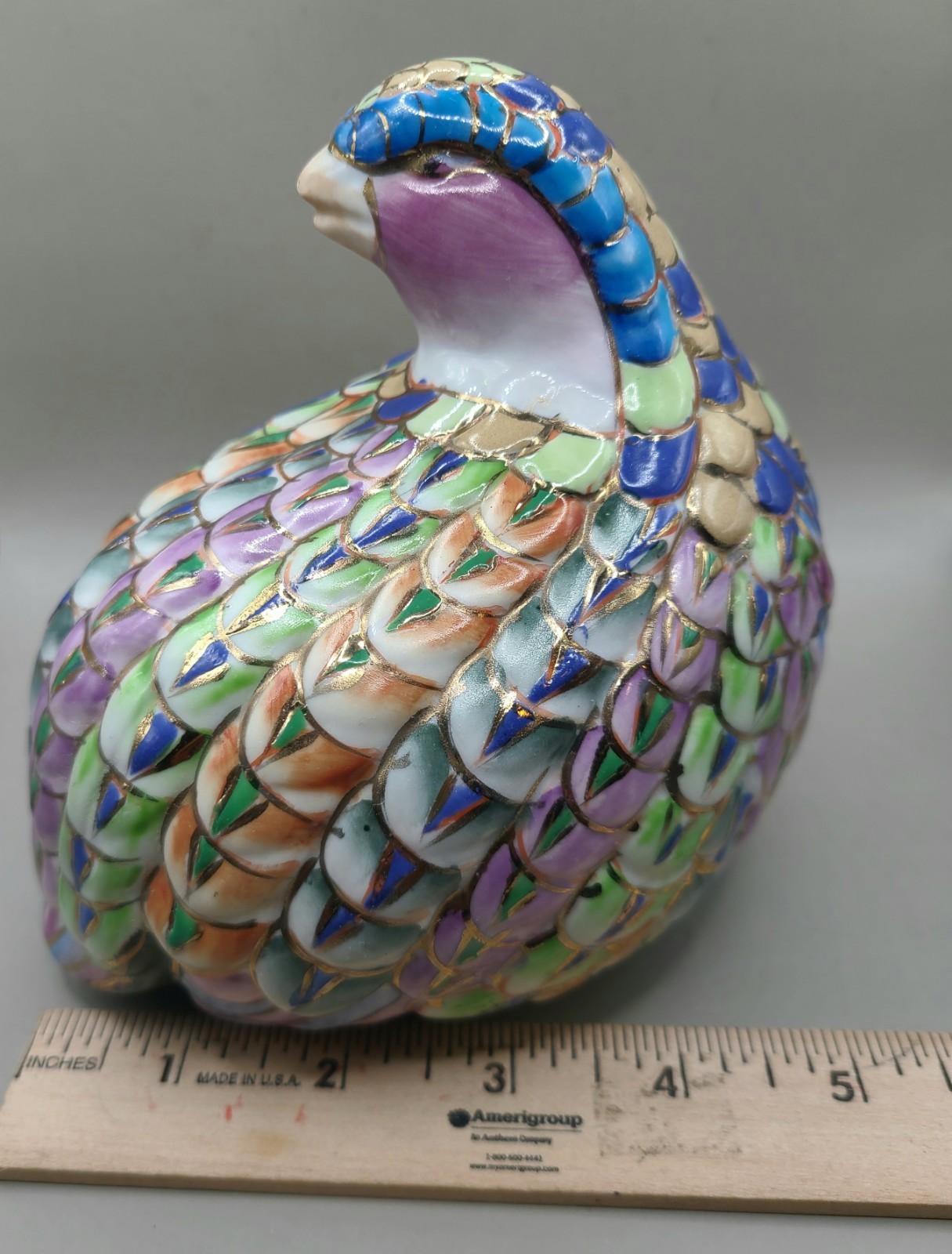 Vtg Handpainted Ceramic Pastel Colors Gold Quail Bird Figurine 5×5.5″