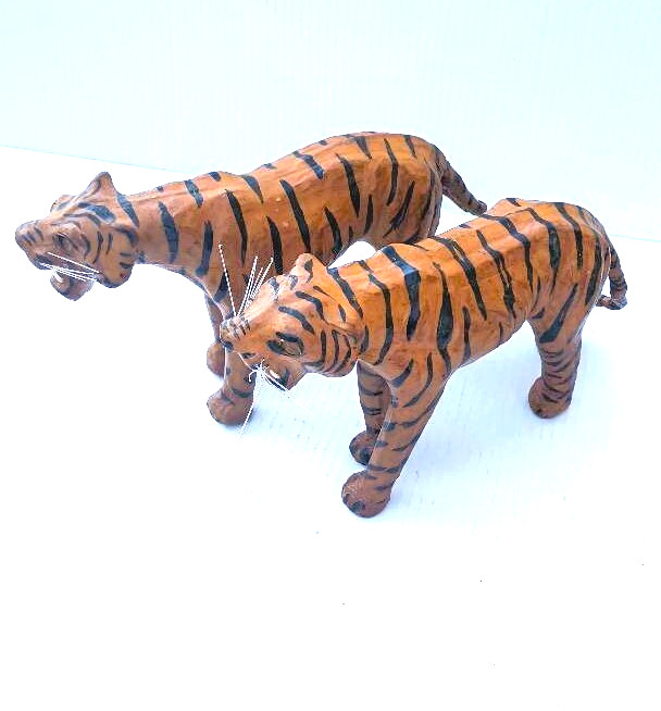 Pair of Mid-Century Leather Wrapped Paper Mache Snarling Tiger With Glass Eyes