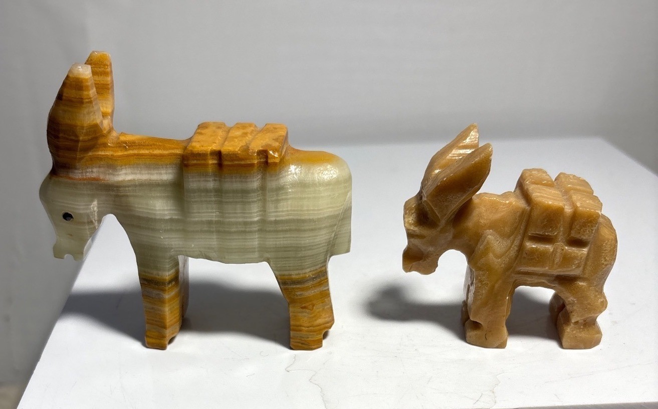 Carved Onyx Donkey Burro Figurines Set Of 2 Orange Beige Striped Vintage
