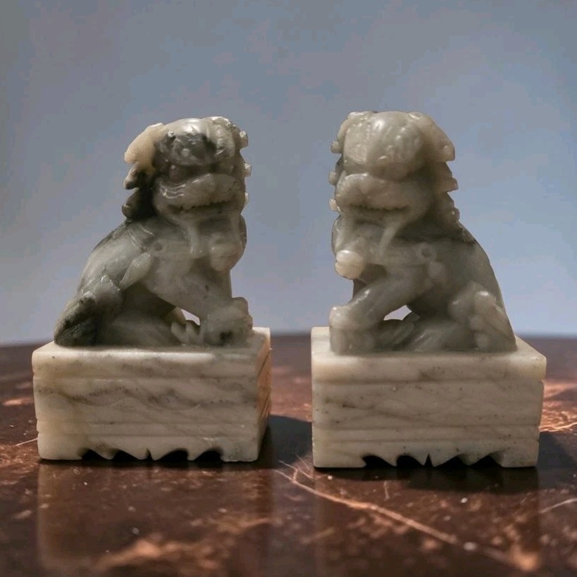 Chinese Pair Of Gray Marble Carved Soapstone Foo Dogs Guardian Lion Bookends 4″