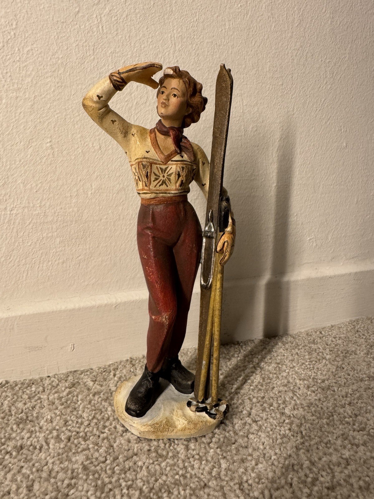 Vintage Austrian Hand Carved Wood Skier Figurine Holzkunst Obergurgl Ski Decor