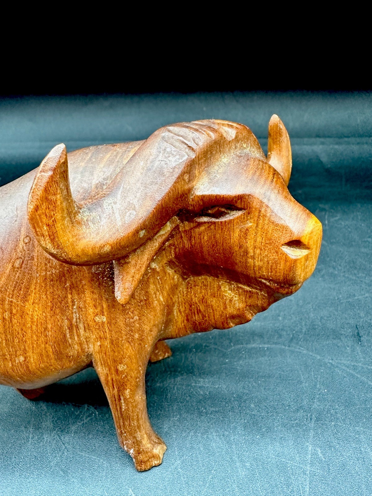 Vintage Hand Carved Water Buffalo Wooden Sculpture 4.5×5.5in