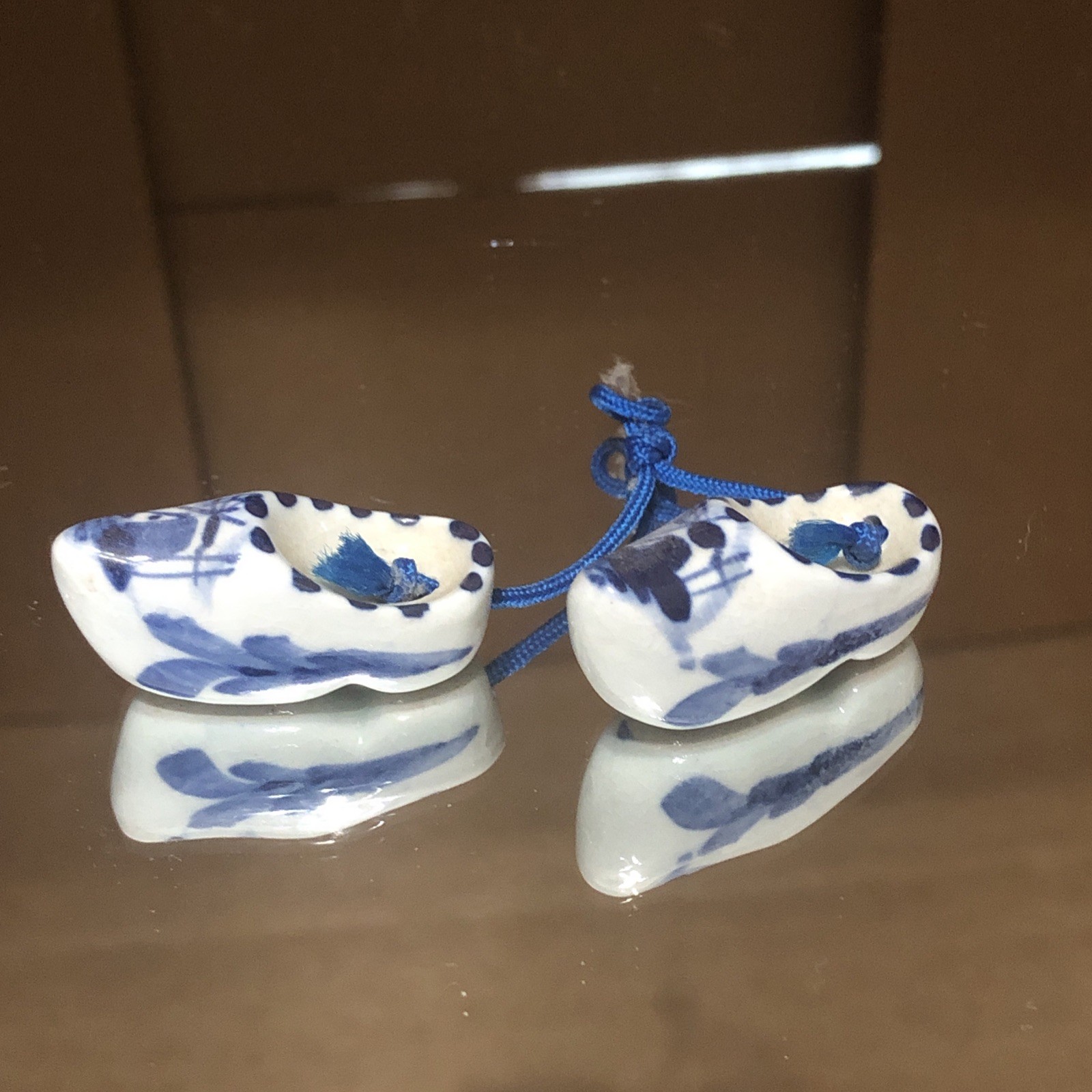 Vintage Mini 1-3/8” Long Ceramic Dutch Clogs Delft Blue White Windmill