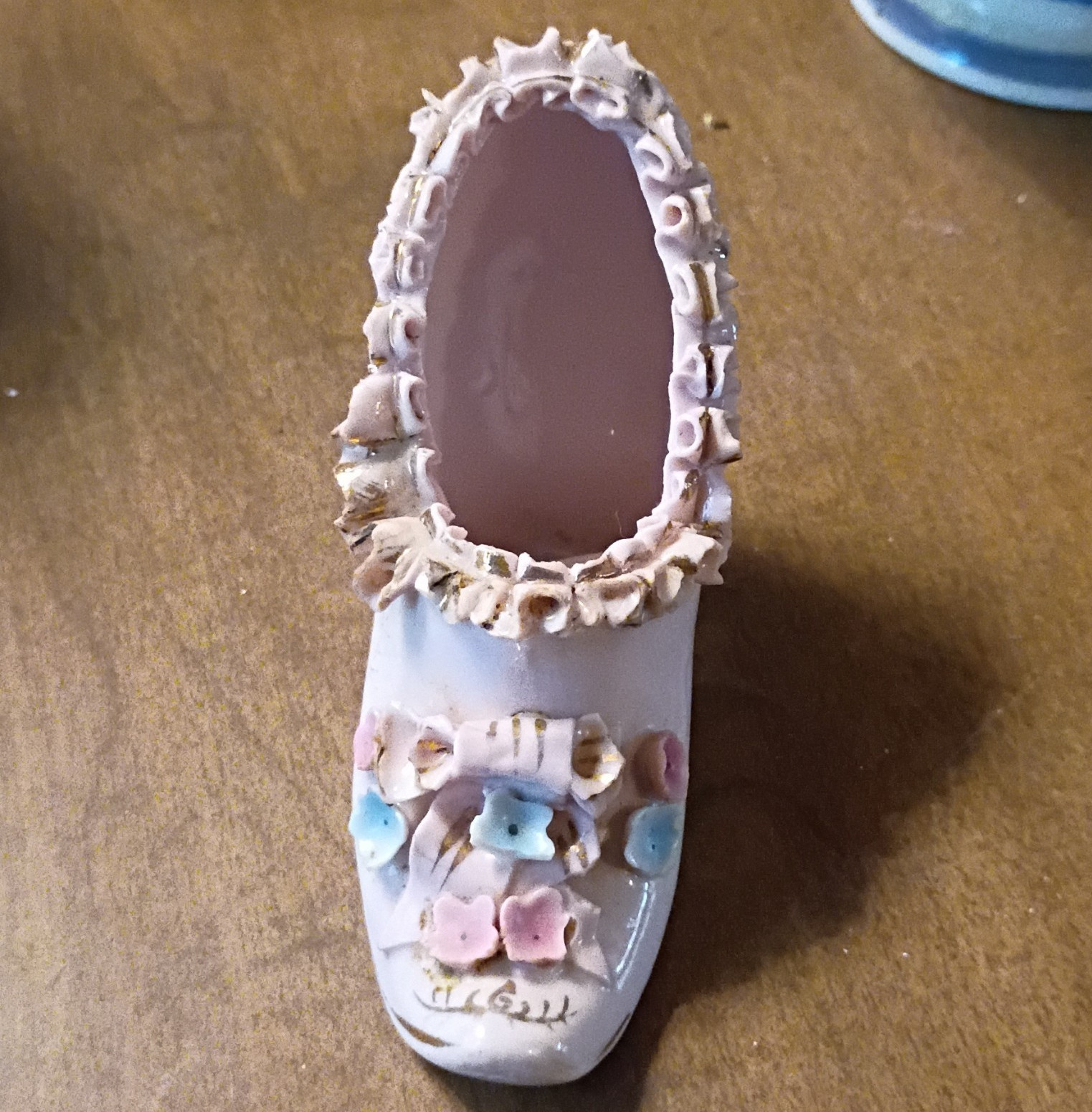Ceramic Miniature Shoe Figurine White Pink Blue Romantic Floral Detail