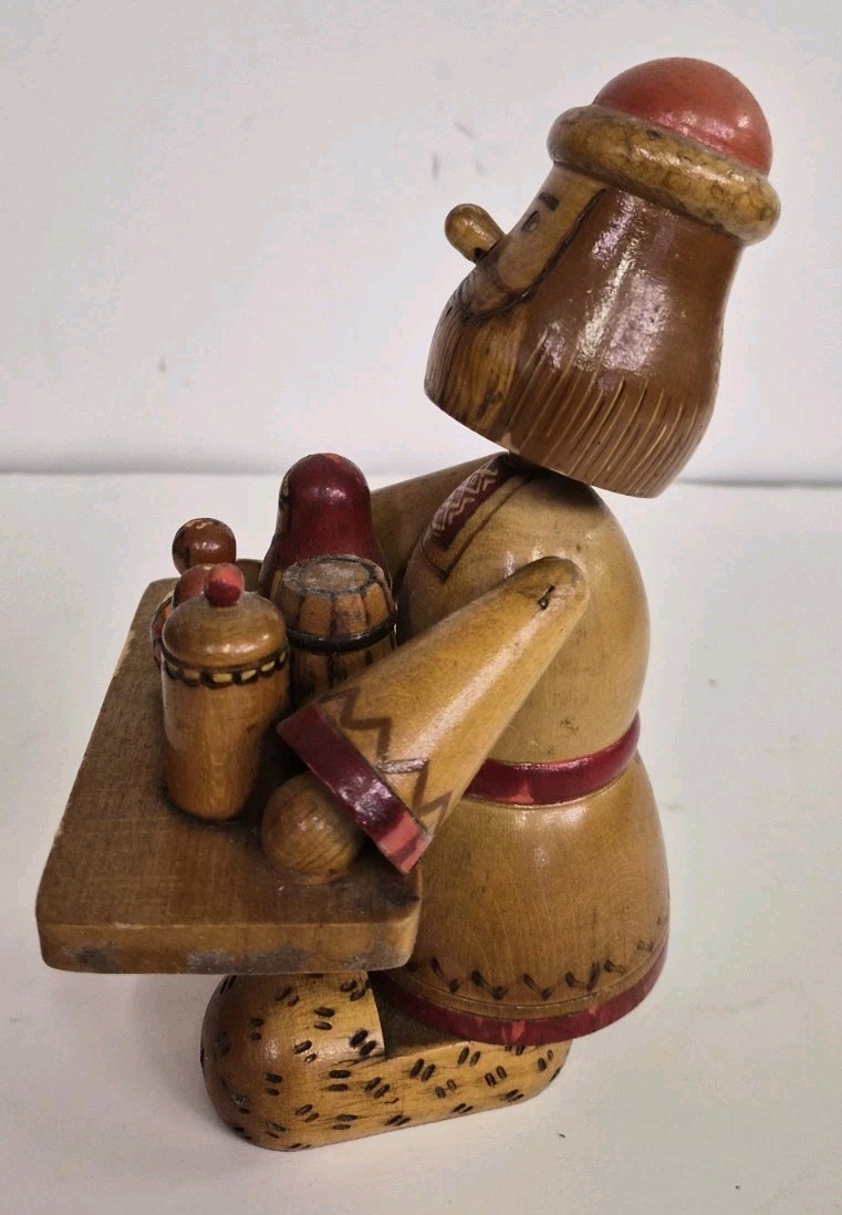 Wood Hand-Painted Man Figurine Holding Tray, Brown/Red, Kids Decor