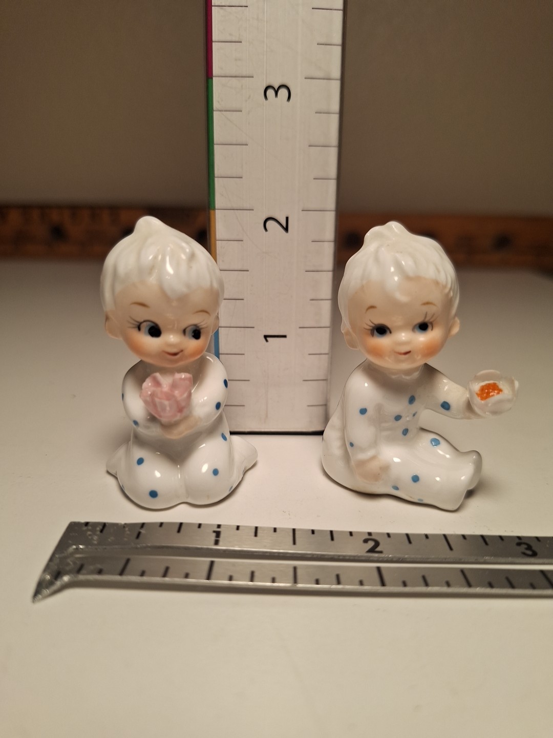 2 Napcoware Flower Baby Babies Bone China 2” Vintage Boy Girl Napco Polka Dot